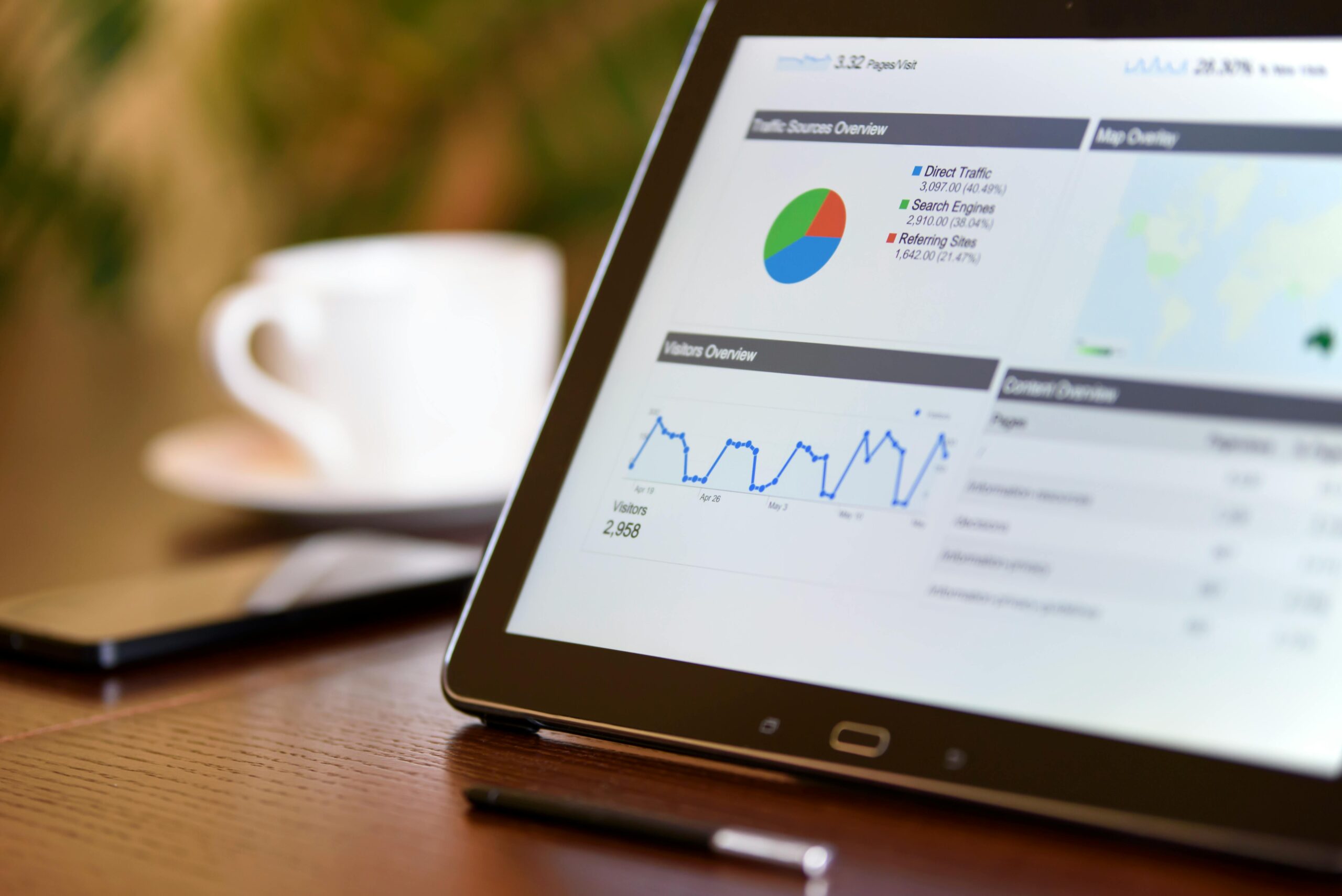 Expenses Tracker Close-up of a tablet displaying analytics charts on a wooden office desk, alongside a smartphone and coffee cup.